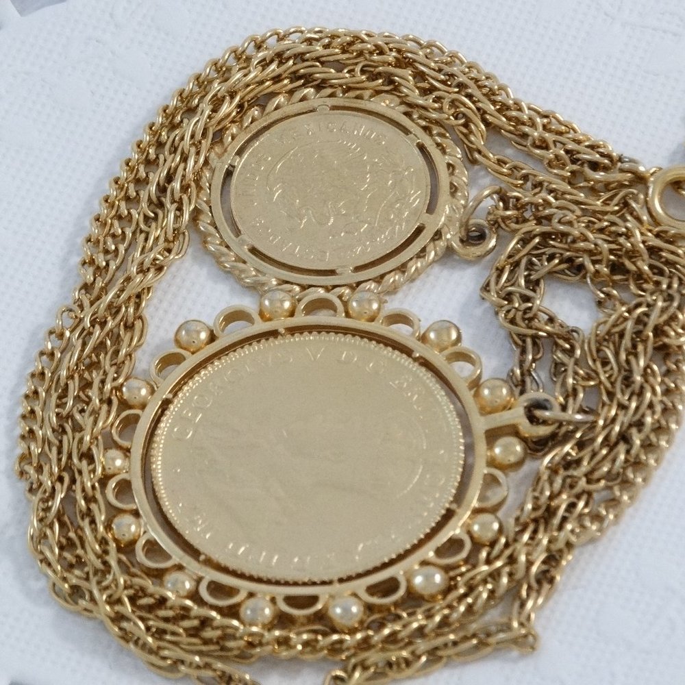 Layered Necklace Gold Tone Double Chain Faux Coins
